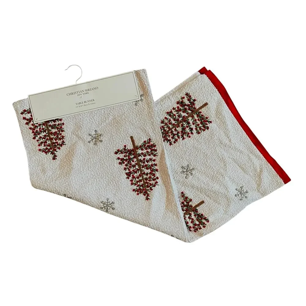 Christian Siriano Christmas Tree & Snowflake Table Runner 14x60 Embroidered New